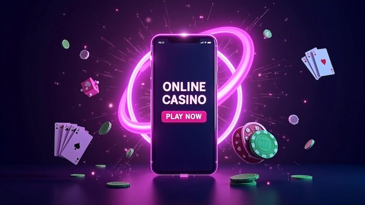 Setumpuk kartu dan roda roulette di kasino online dengan desain modern